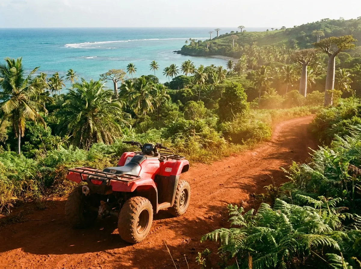 Quad sur une piste de terre rouge à Nosy Be, vue sur la baie
