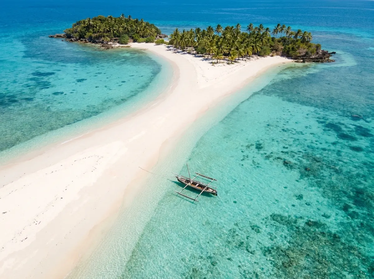 Banc de sable blanc reliant les deux îles de Nosy Iranja, eau turquoise