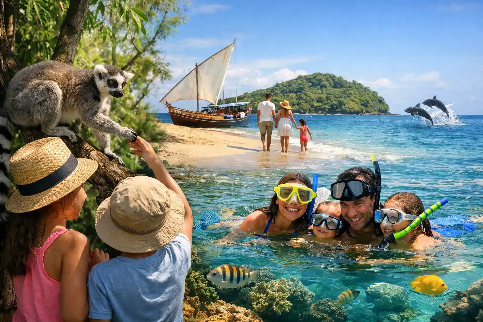 Famille avec enfants au contact d'un lémurien, bateau à voile et dauphins sur une plage de Nosy Be
