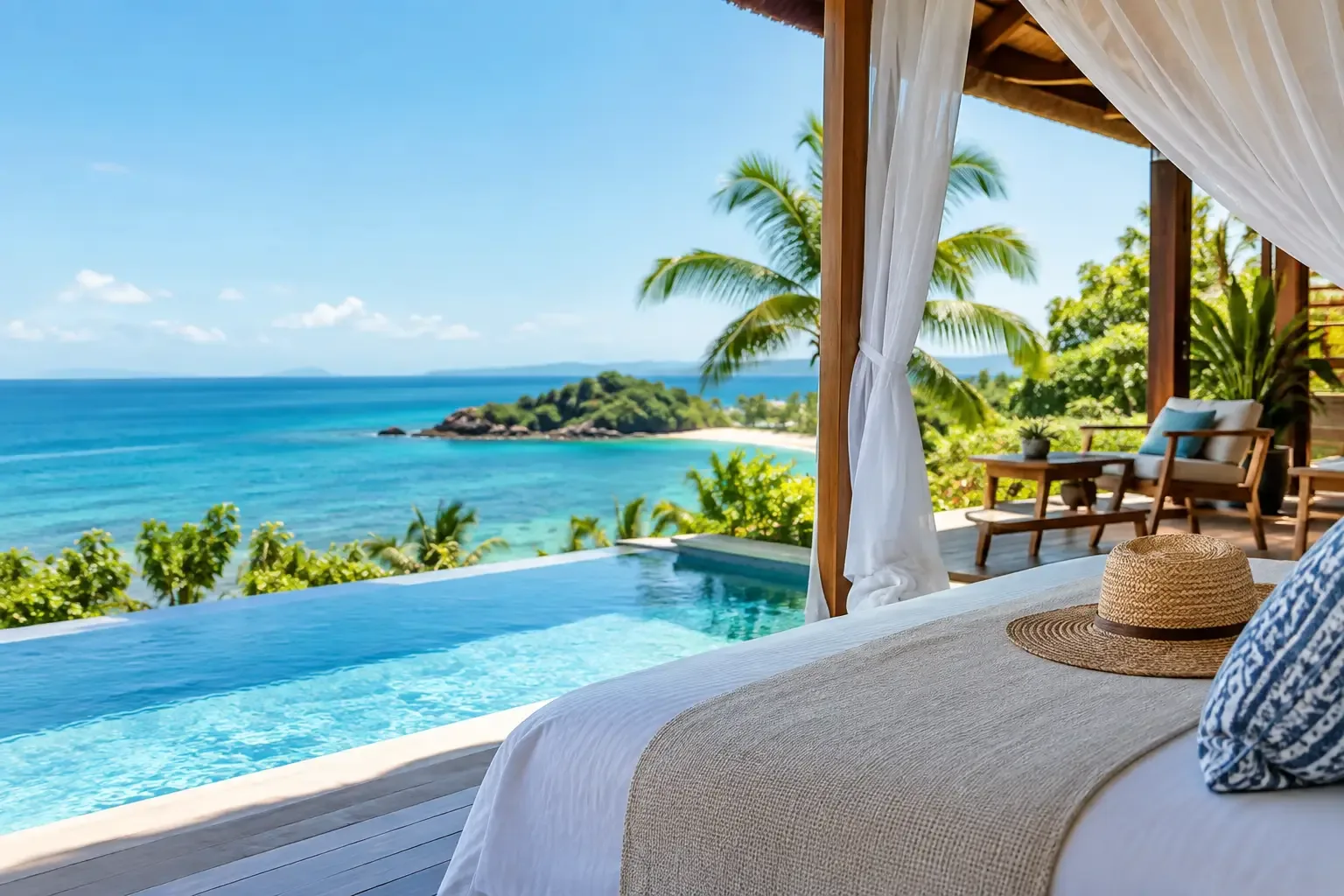 Terrasse d'un hébergement à Nosy Be donnant sur une piscine et la mer turquoise