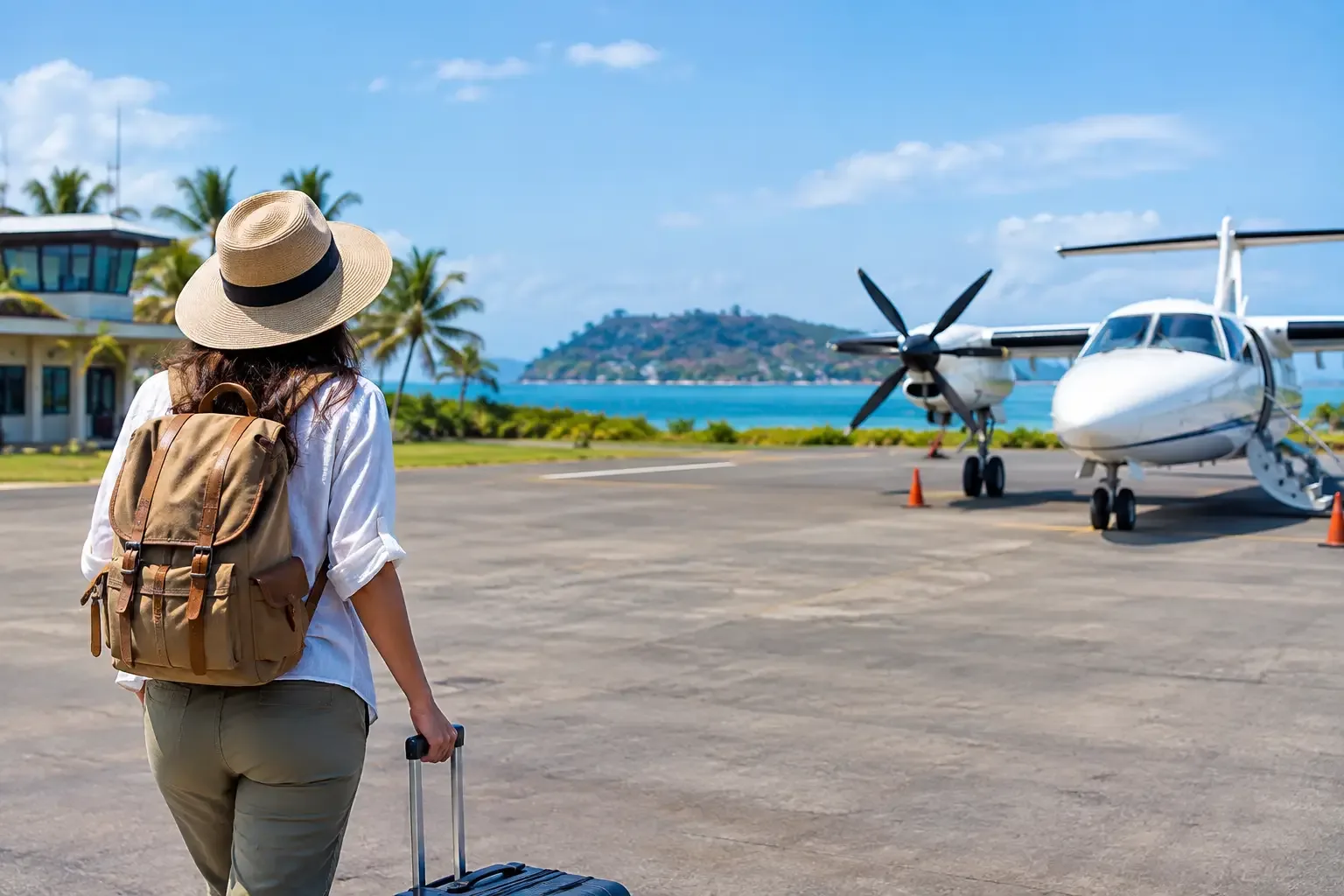 Voyageuse avec sac à dos marchant sur le tarmac de l'aéroport de Fascène à Nosy Be, avion à l'arrière-plan