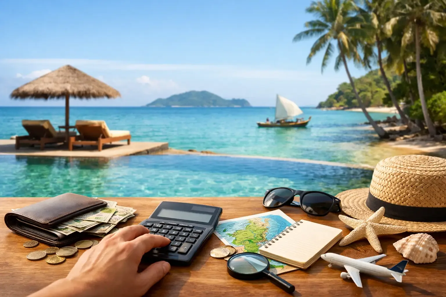 Carnet de voyage, calculatrice et chapeau de paille posés sur une table face au lagon à Nosy Be
