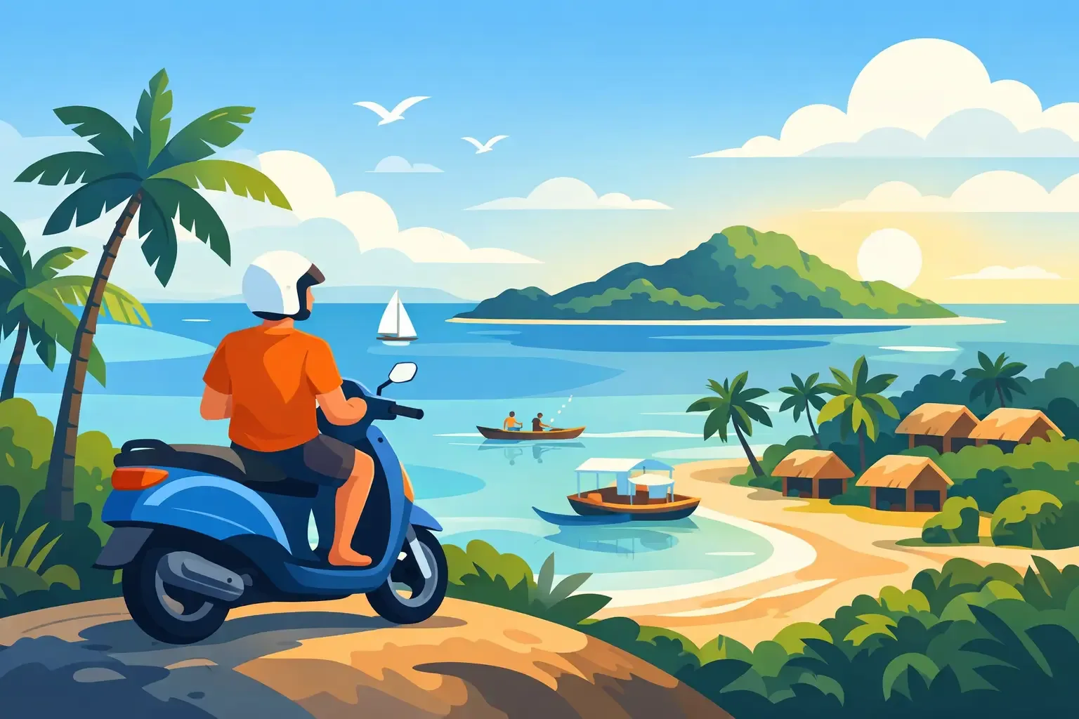 Voyageur à scooter longeant une plage de Nosy Be, bungalows en bord de mer
