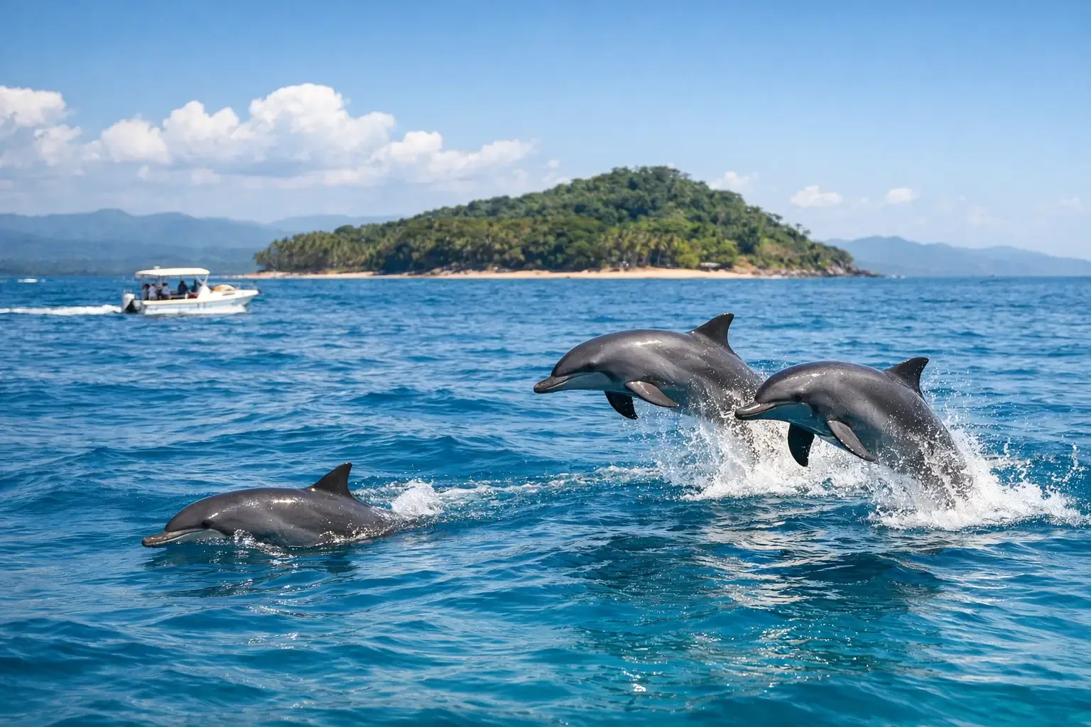 Groupe de dauphins sautant hors de l'eau près d'un bateau au large de Nosy Be
