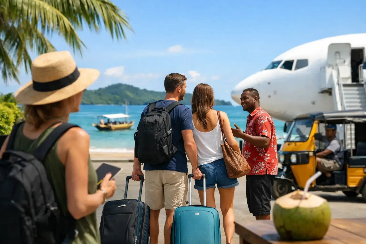 Voyageurs avec leurs bagages à leur arrivée à l'aéroport de Nosy Be