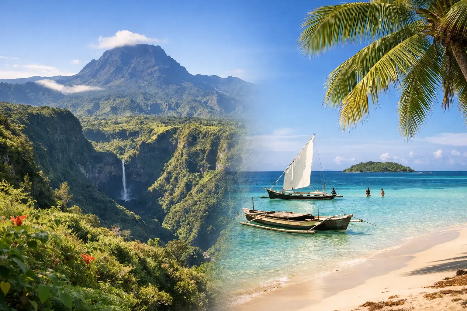 Plage et pirogue traditionnelle à Nosy Be, destination d'escapade pour les voyageurs venus de La Réunion