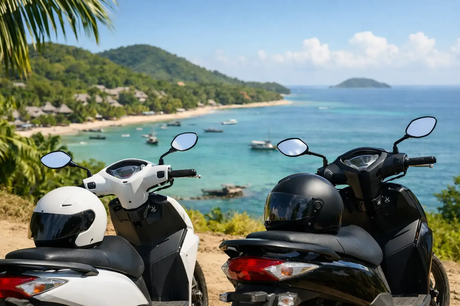 Scooter garé face à une plage de Nosy Be au soleil