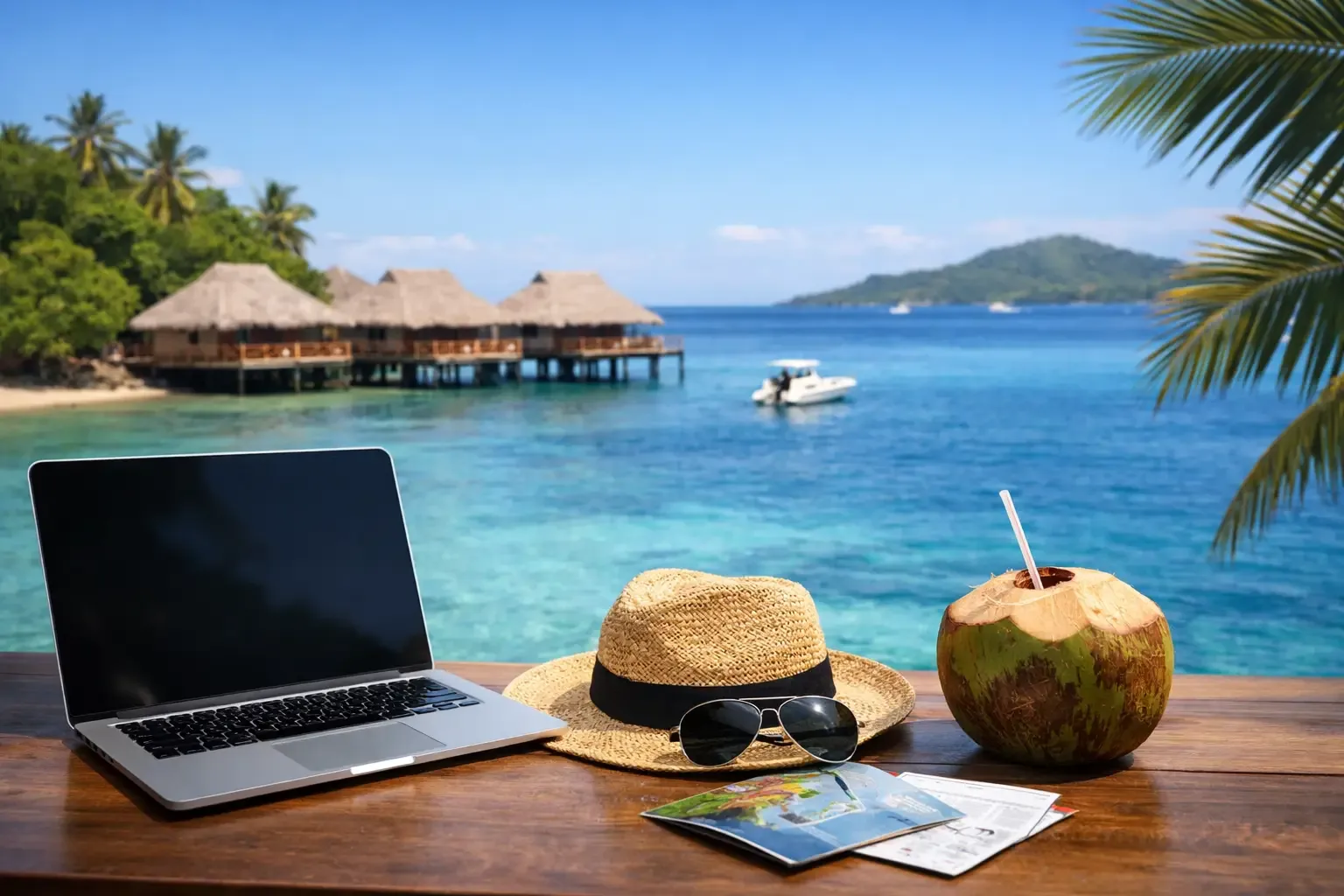 Table avec ordinateur, chapeau et noix de coco face à des bungalows sur pilotis à Nosy Be, ambiance hébergement de vacances