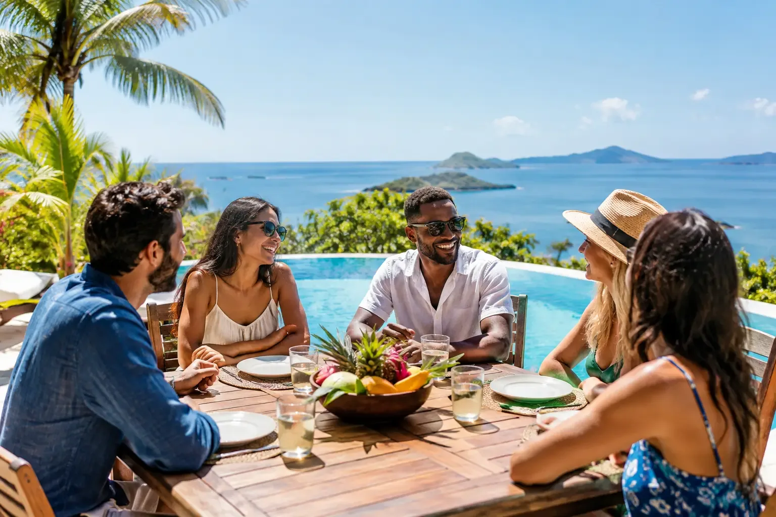 Groupe d'amis attablés en terrasse face à la mer à Nosy Be