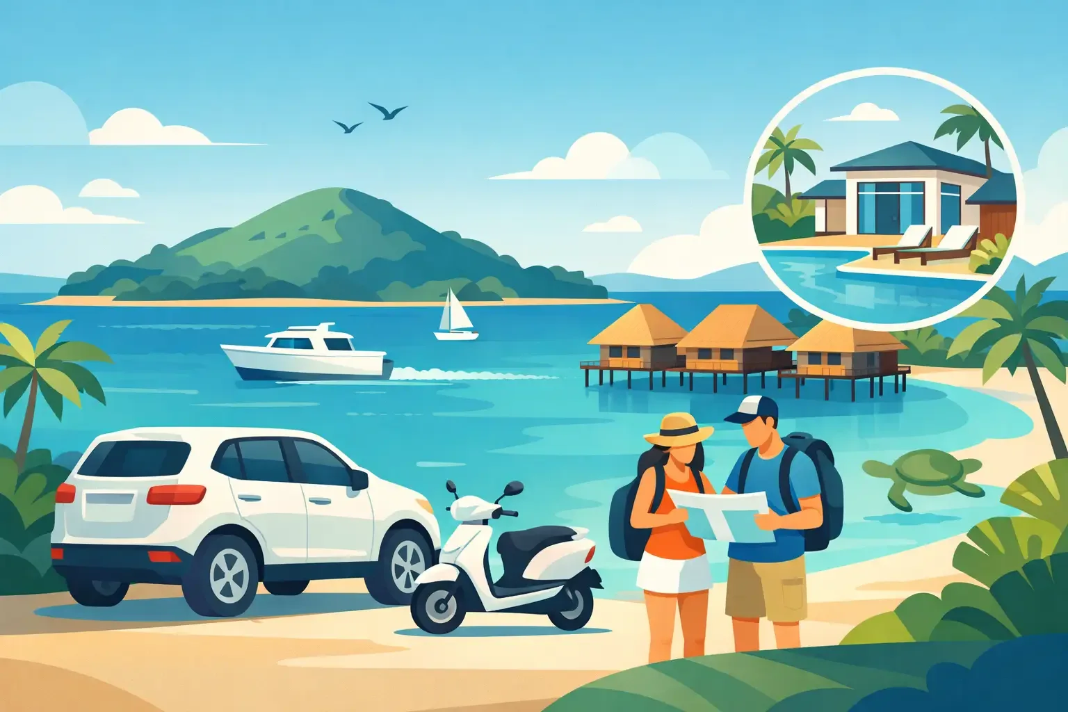Voiture, scooter et couple de voyageurs devant les plages et bungalows de Nosy Be