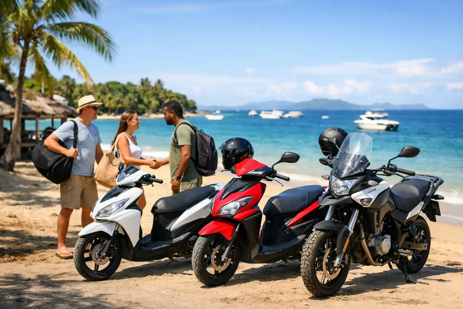 Un couple récupère une moto et un scooter de location sur une plage de Nosy Be, bateaux au mouillage en arrière-plan