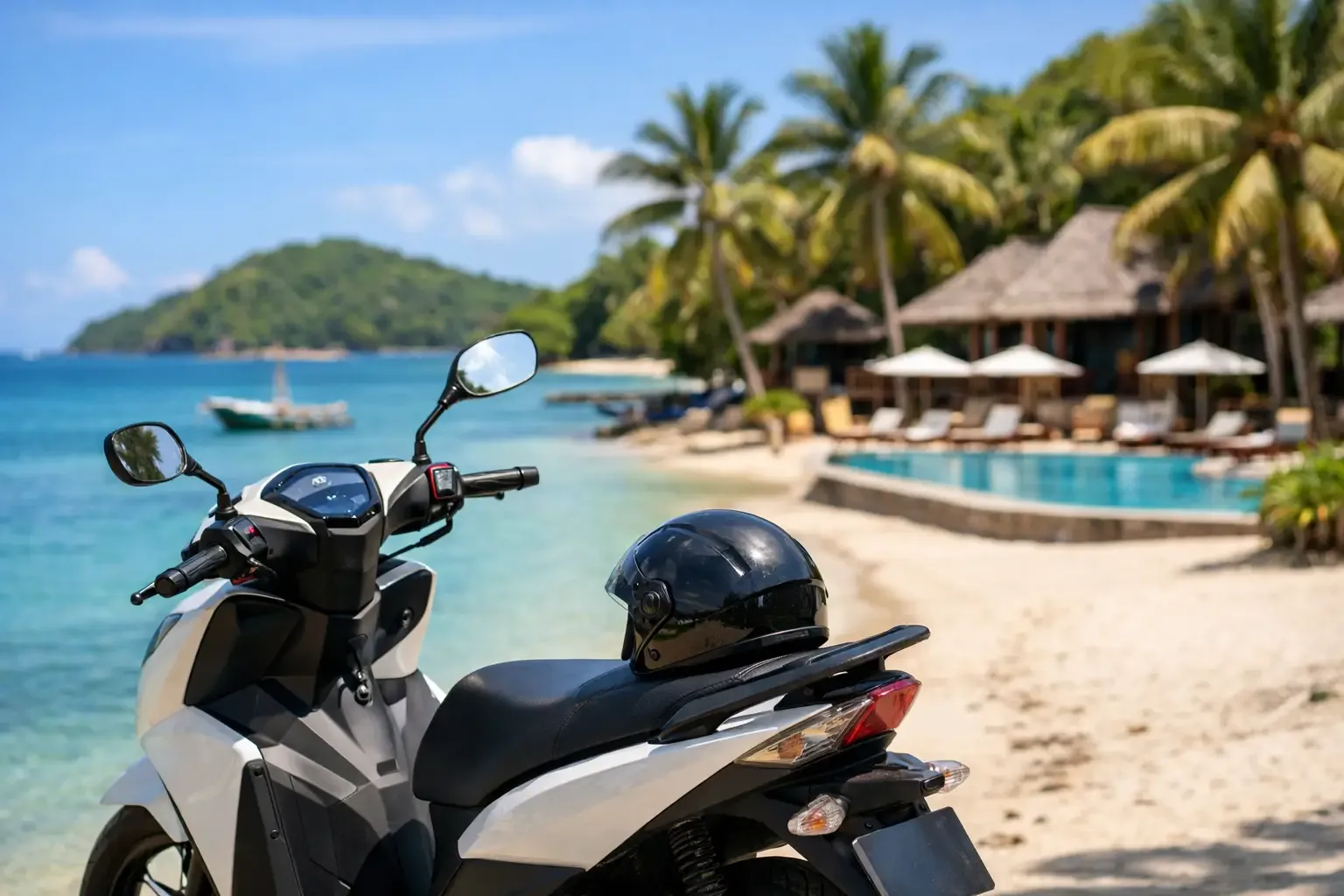 Scooter de location livré devant un hôtel à Nosy Be