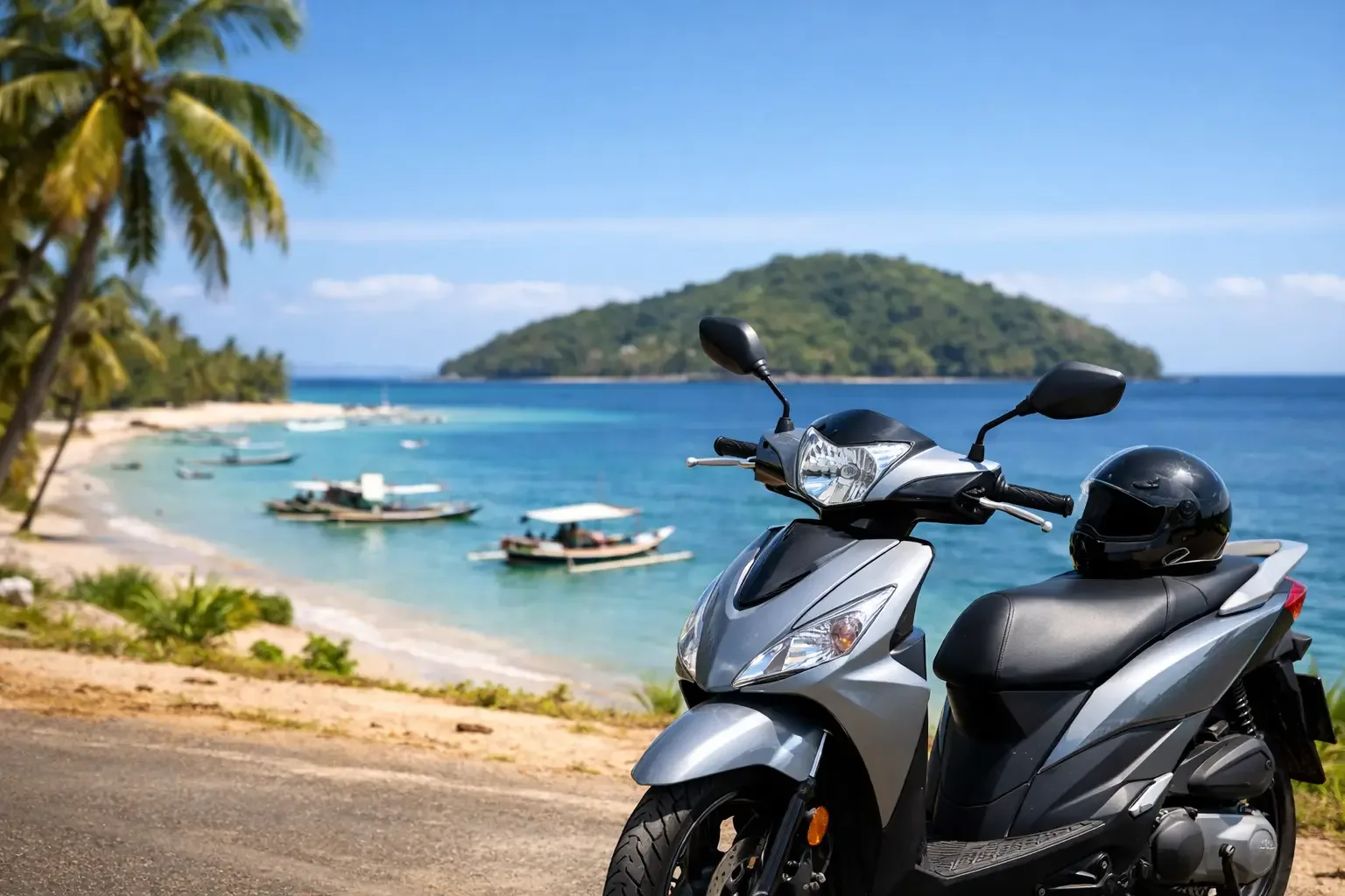 Scooter garé au bord d'une plage de Nosy Be avec la mer en arrière-plan