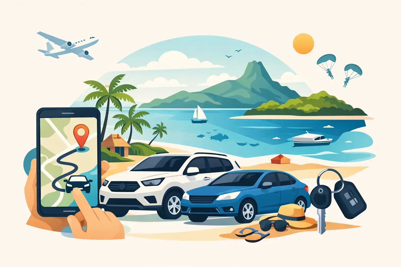 Scooter et voiture de location prêts à partir sur une plage de Nosy Be