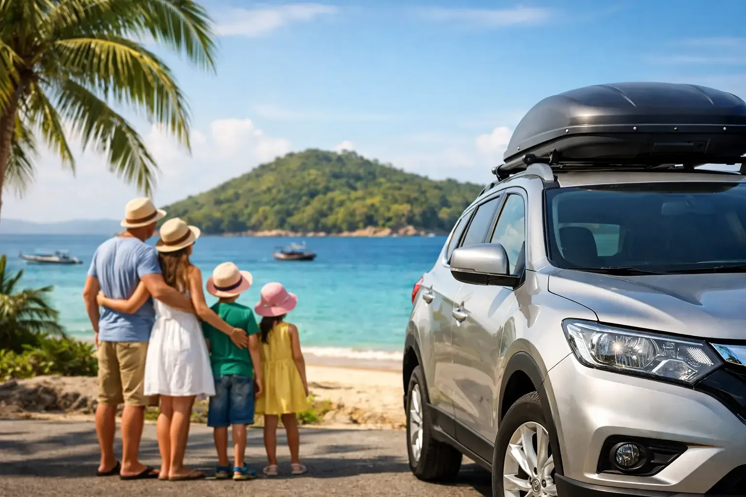 Famille chargeant une voiture de location à Nosy Be