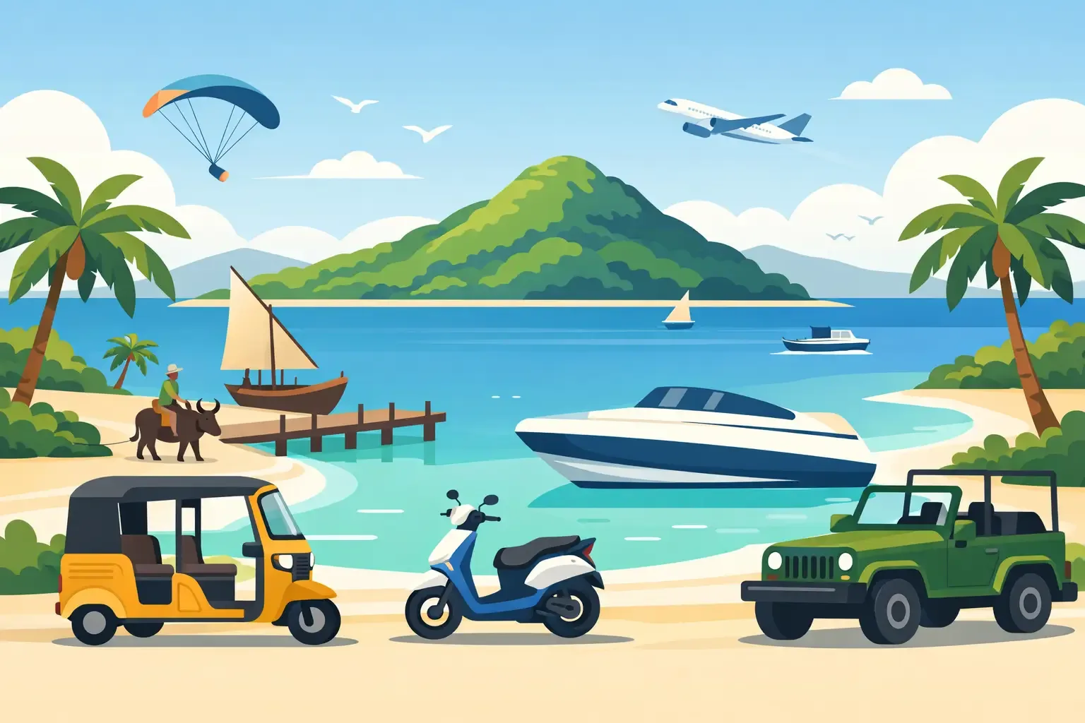 Illustration de Nosy Be avec tuk-tuk, scooter, 4x4 et bateaux au bord d'une plage turquoise