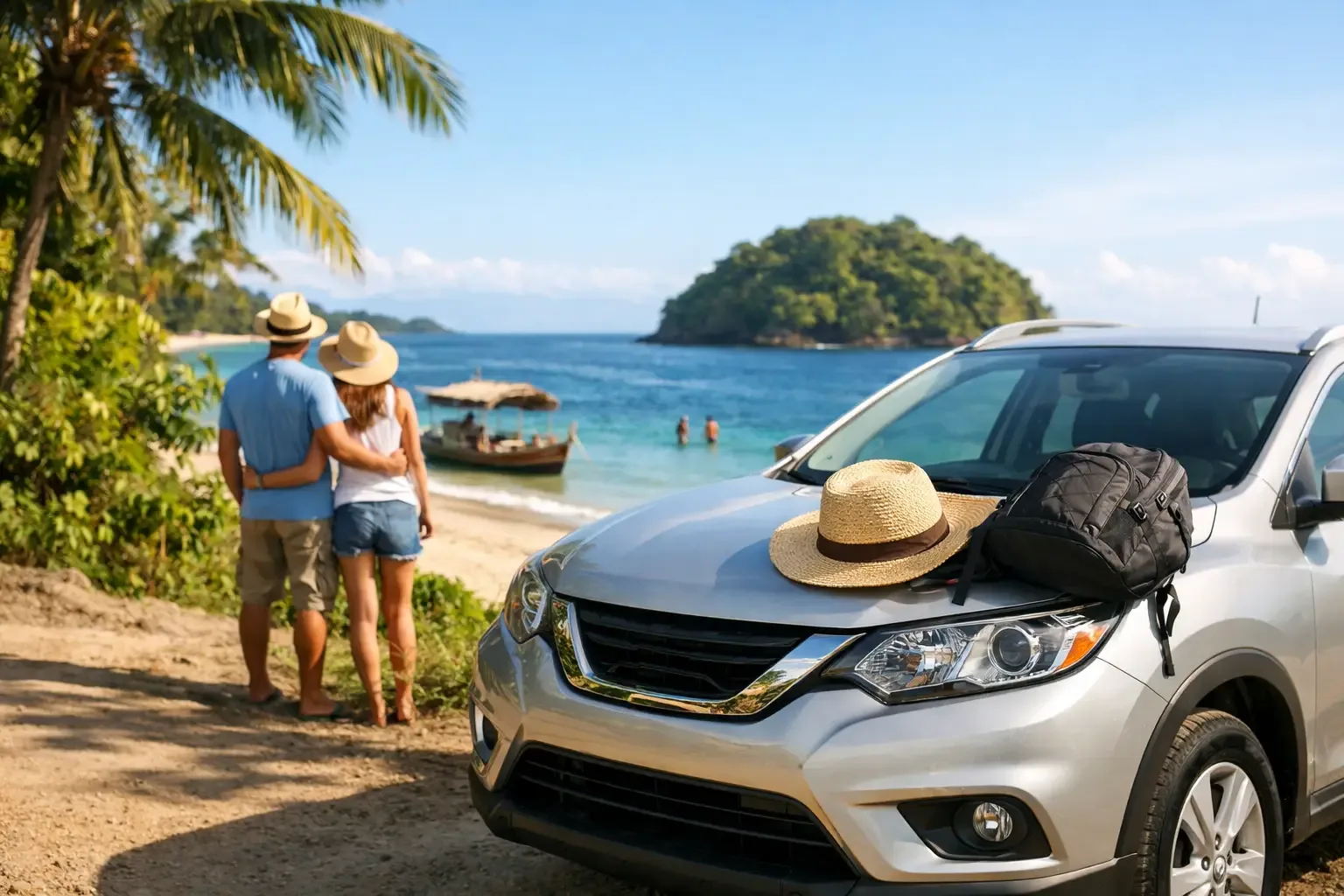 Couple de voyageurs devant une voiture de location garée au bord d'une plage de Nosy Be