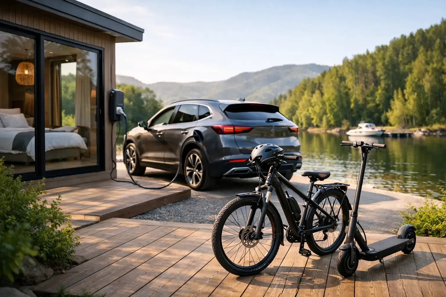 Villa avec voiture électrique, vélo et trottinette garés devant, hébergement avec mobilité intégrée à Nosy Be
