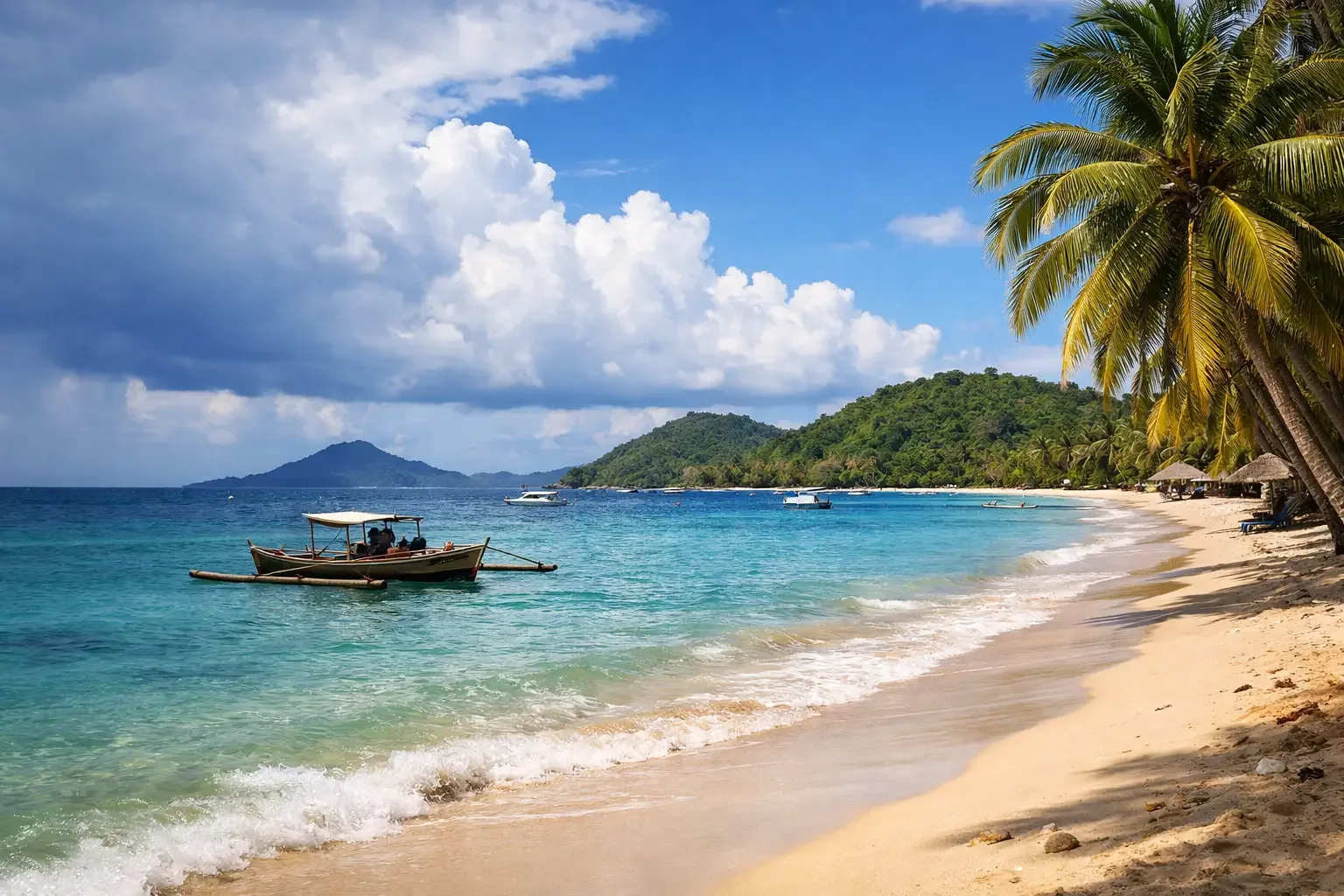 Plage et bateau traditionnel à Nosy Be sous le soleil d'octobre