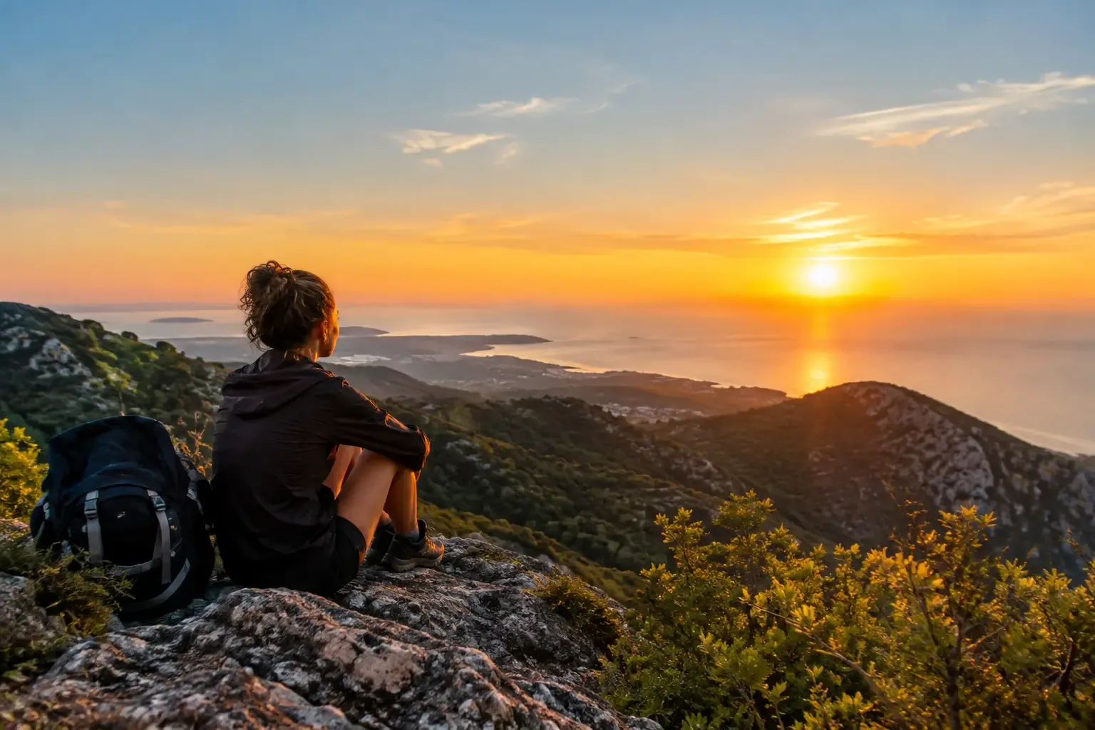 Coucher de soleil sur les collines et la côte ouest depuis le Mont Passot, à Nosy Be