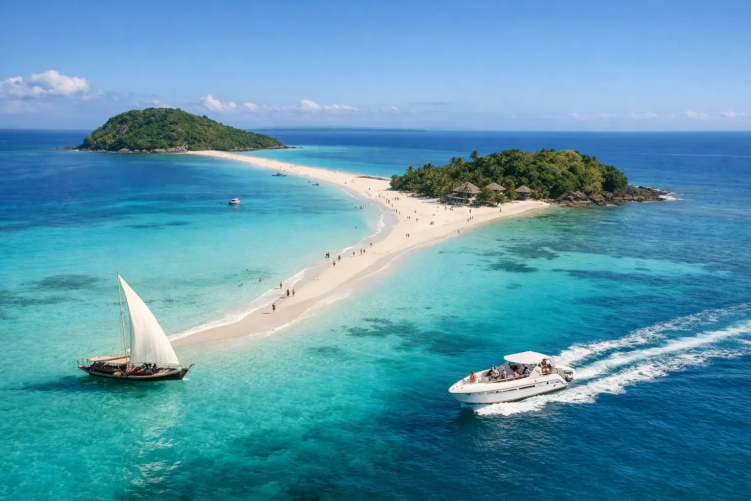 Banc de sable blanc entre les deux îles de Nosy Iranja à marée basse, Nosy Be, Madagascar