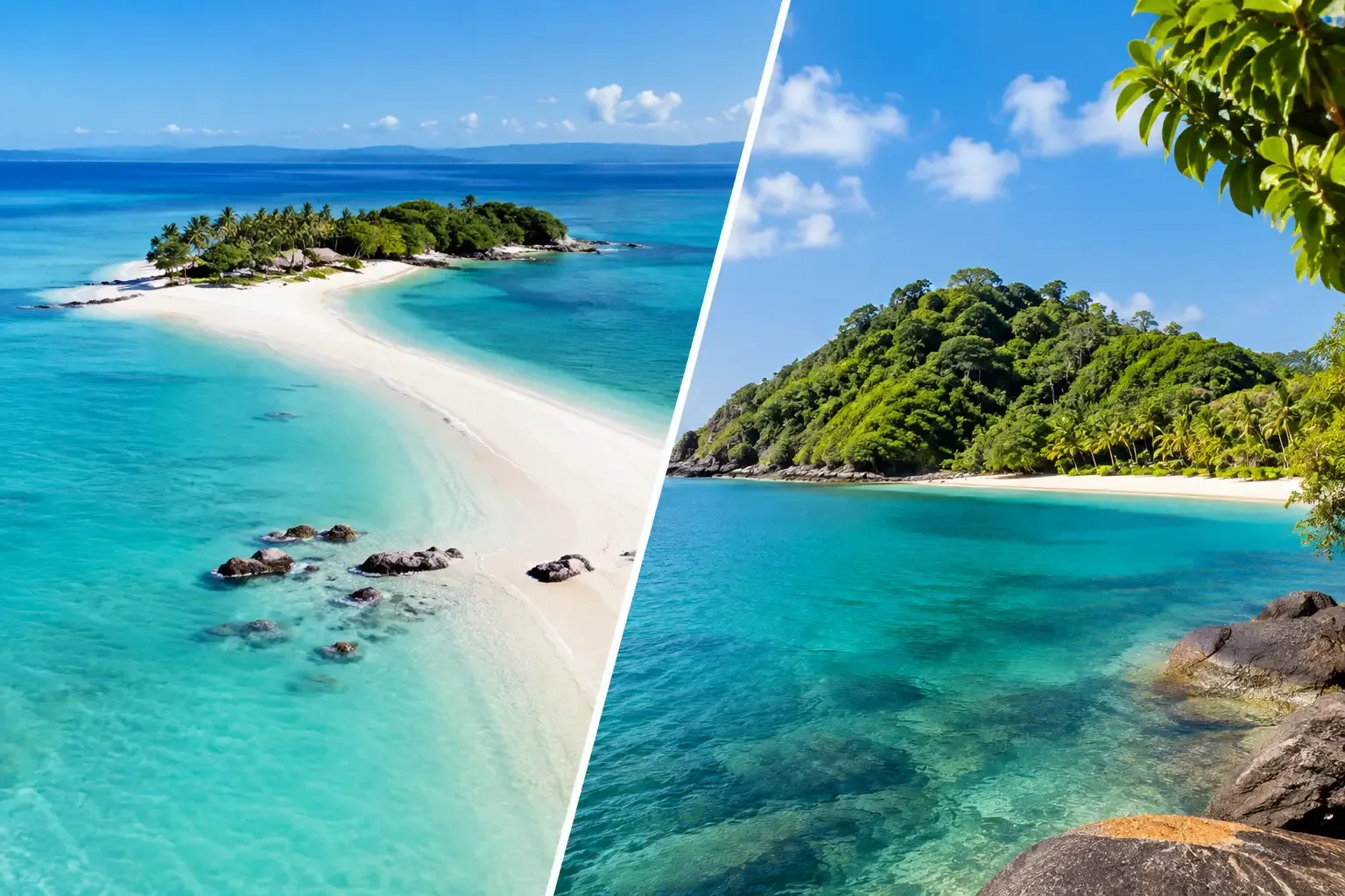 Photo comparée de la plage de sable de Nosy Iranja et des fonds marins de Nosy Sakatia, près de Nosy Be