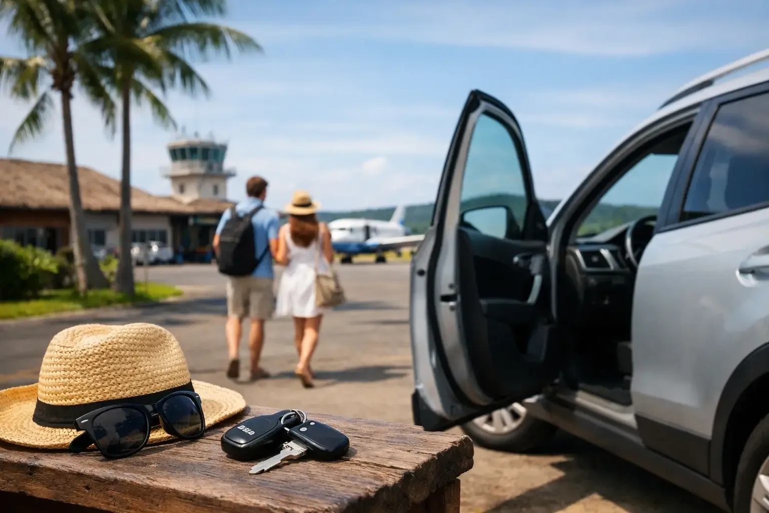 Voyageurs récupérant leur voiture de location à l'aéroport de Fascène à Nosy Be