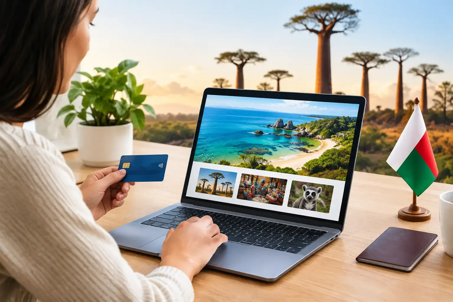 Voyageur qui prépare le paiement de sa réservation à Nosy Be depuis la France