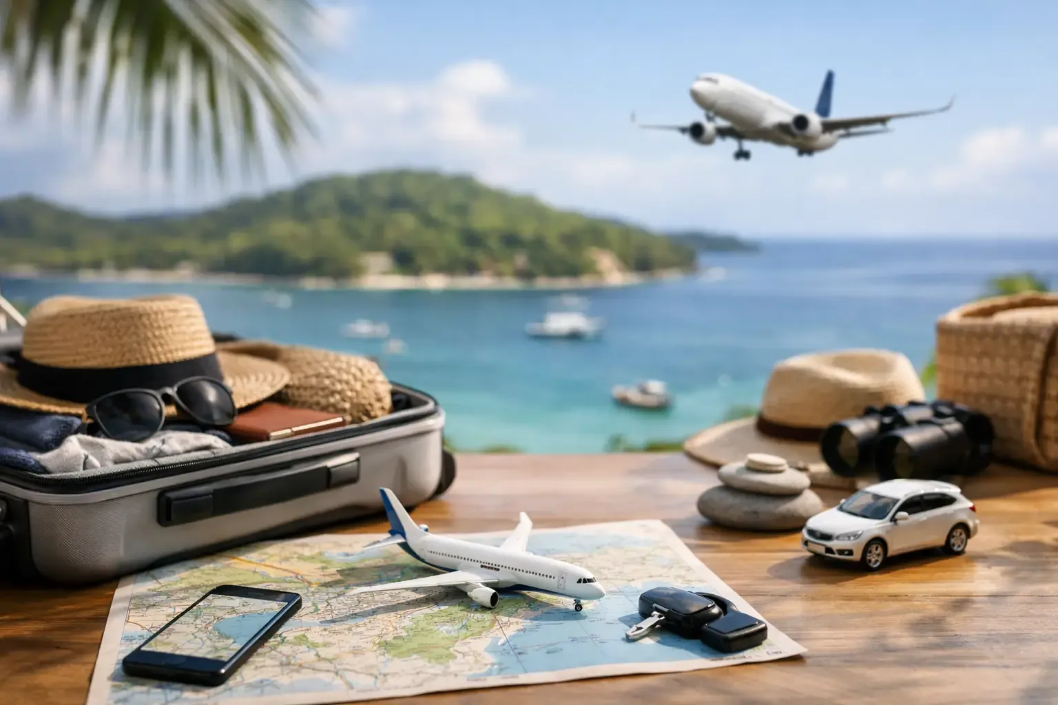 Valise, chapeau et véhicules miniatures devant une plage tropicale : préparer sa mobilité avant de partir à Nosy Be