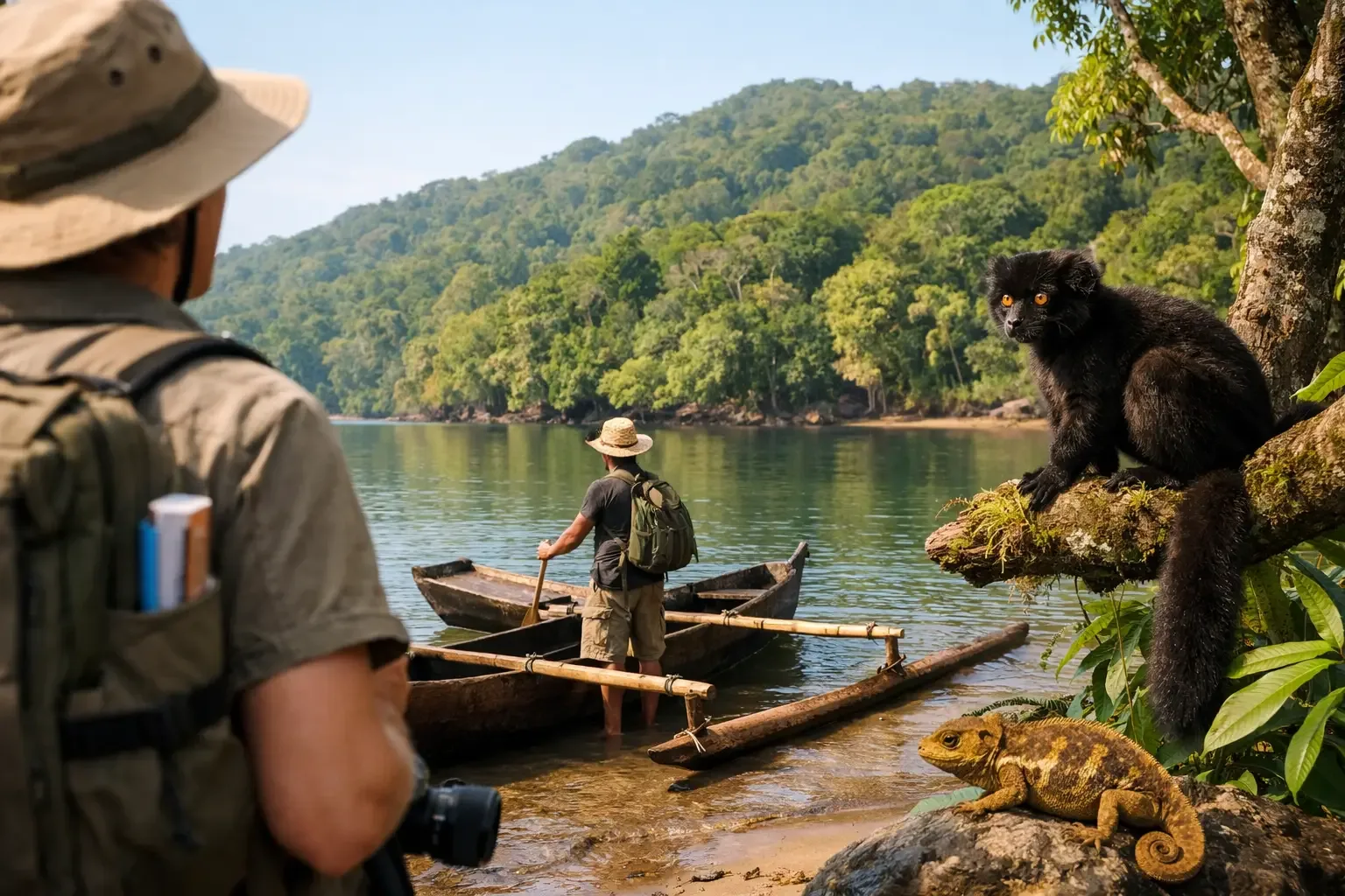 Visiteur en pirogue à balancier arrivant à la réserve de Lokobe, à Nosy Be, avec un lémurien macaco sur la berge