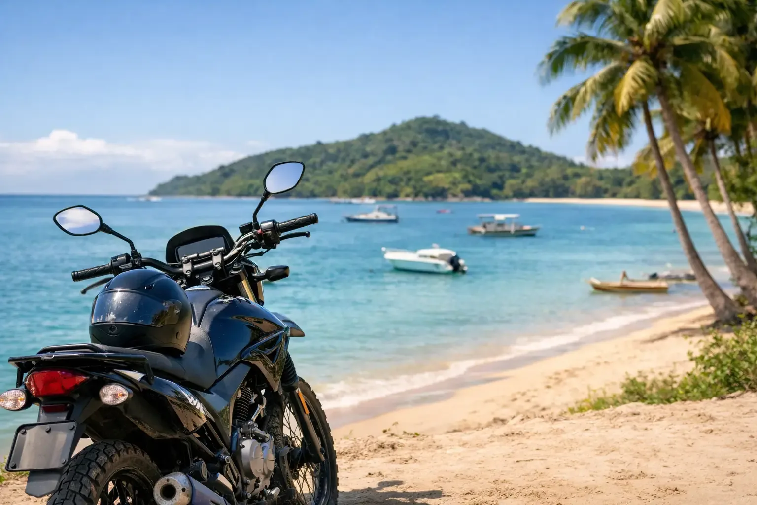 Motos et scooters de location alignés à Ambatoloaka, Nosy Be