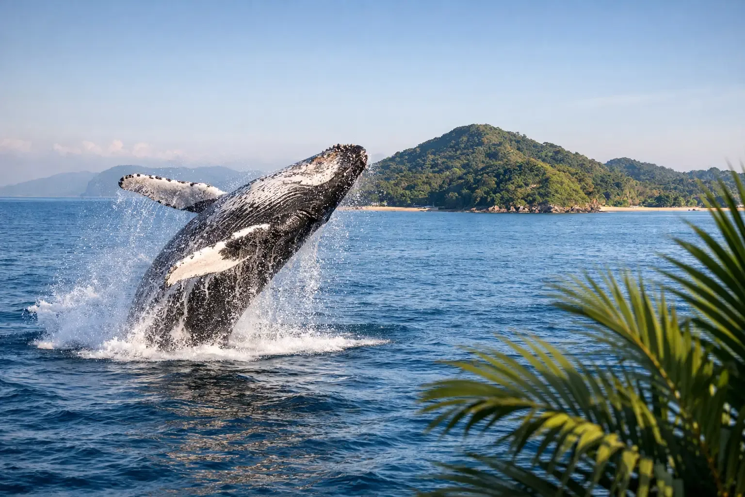 Baleine à bosse sautant hors de l'eau au large de Nosy Be, côte verdoyante en arrière-plan
