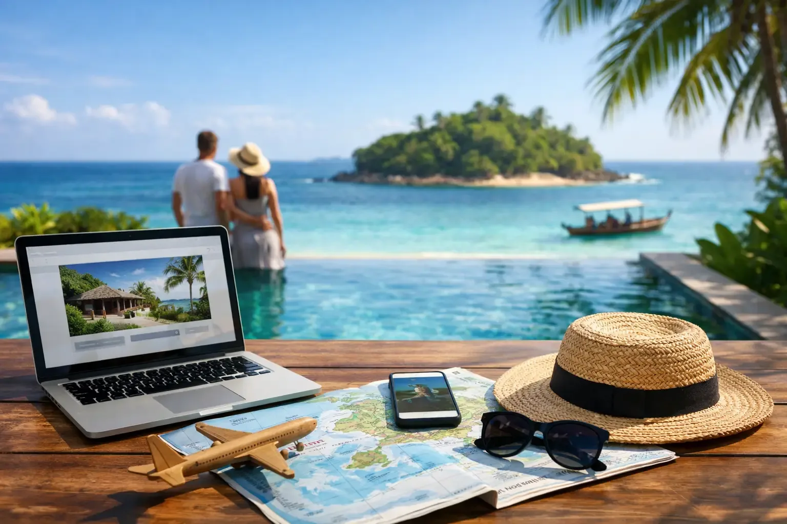 Couple regardant une carte de Nosy Be avec valise et chapeau, préparation d'un séjour autonome