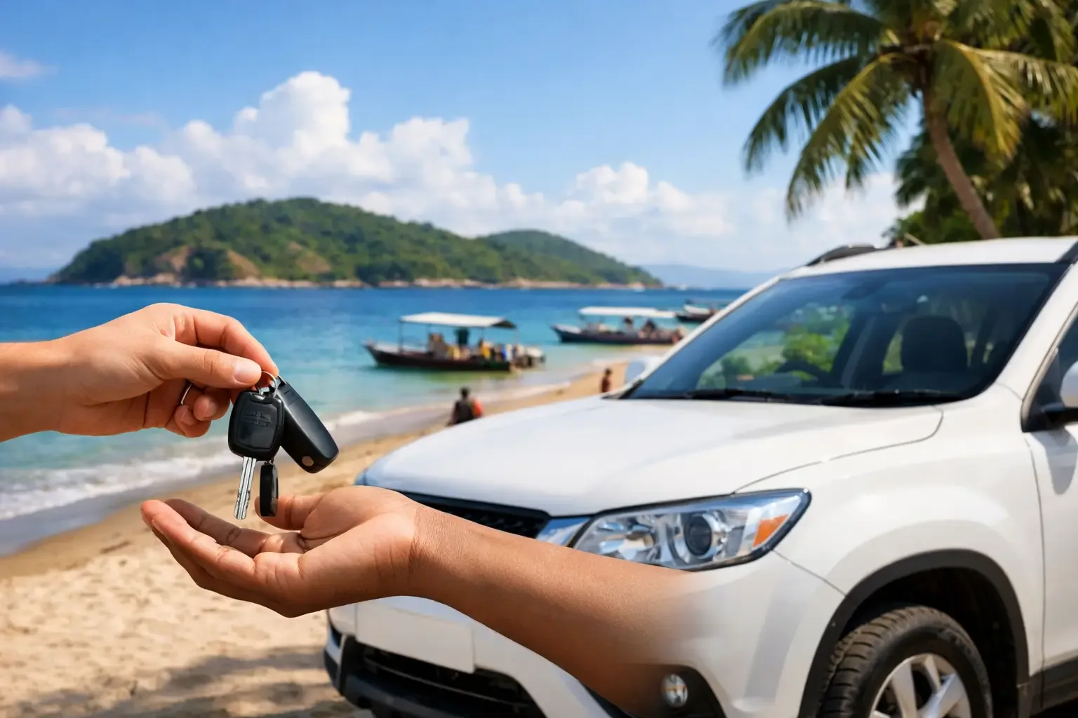 Remise des clés d'une voiture de location face à la mer à Nosy Be