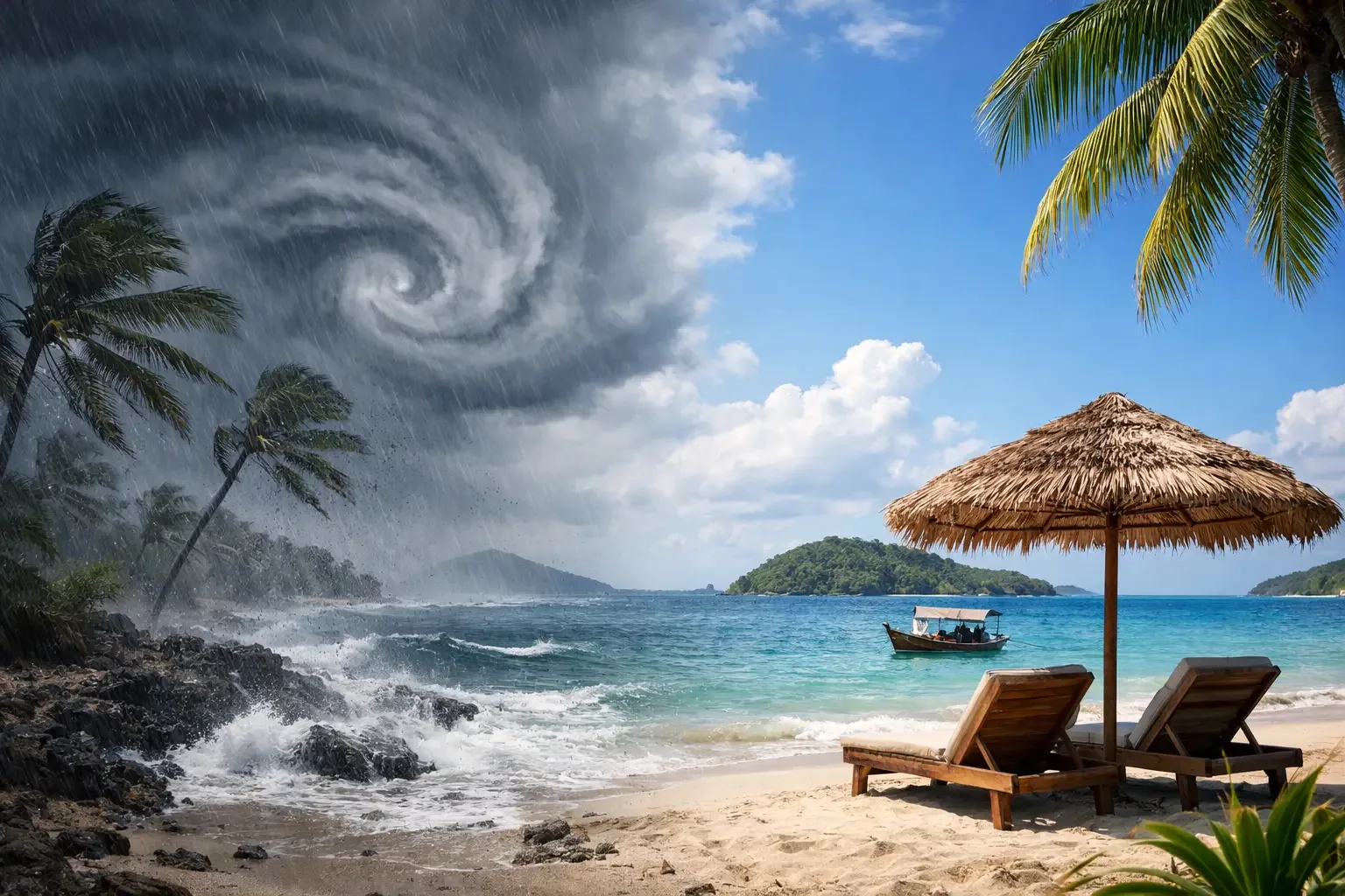 Ciel nuageux et cocotiers sur une plage de Nosy Be pendant la saison des pluies