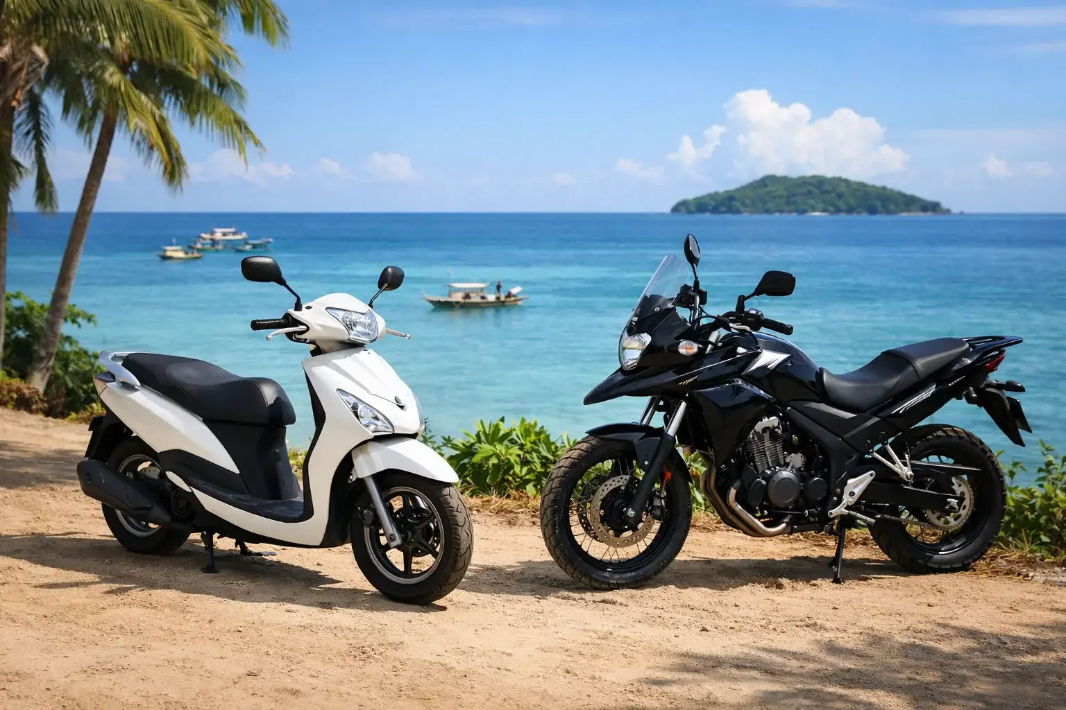 Un scooter et une moto garés devant une plage de Nosy Be