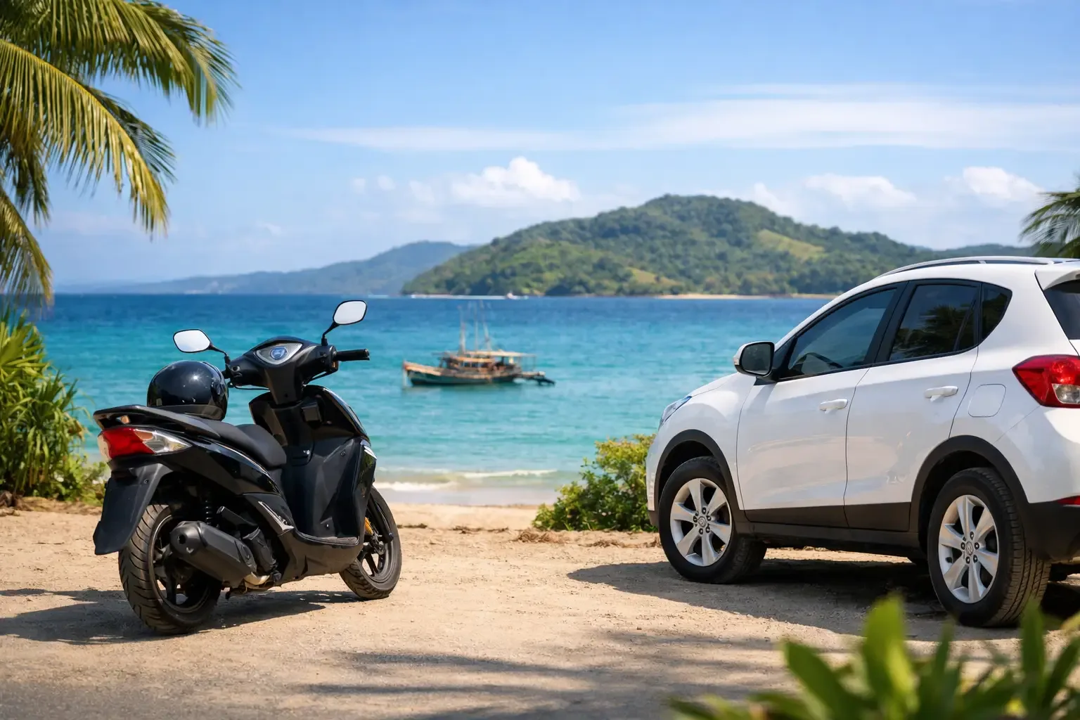 Scooter et voiture de location sur une route de Nosy Be
