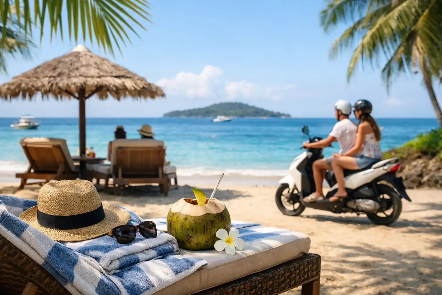 Couple à scooter sur une plage de Nosy Be, transats et cocotiers