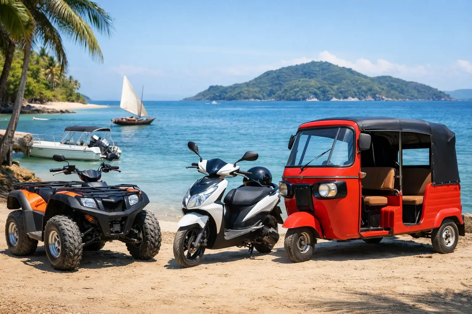 Quad, scooter et tuk-tuk garés sur une plage de Nosy Be, illustrant les différentes options de transport pour explorer l'île
