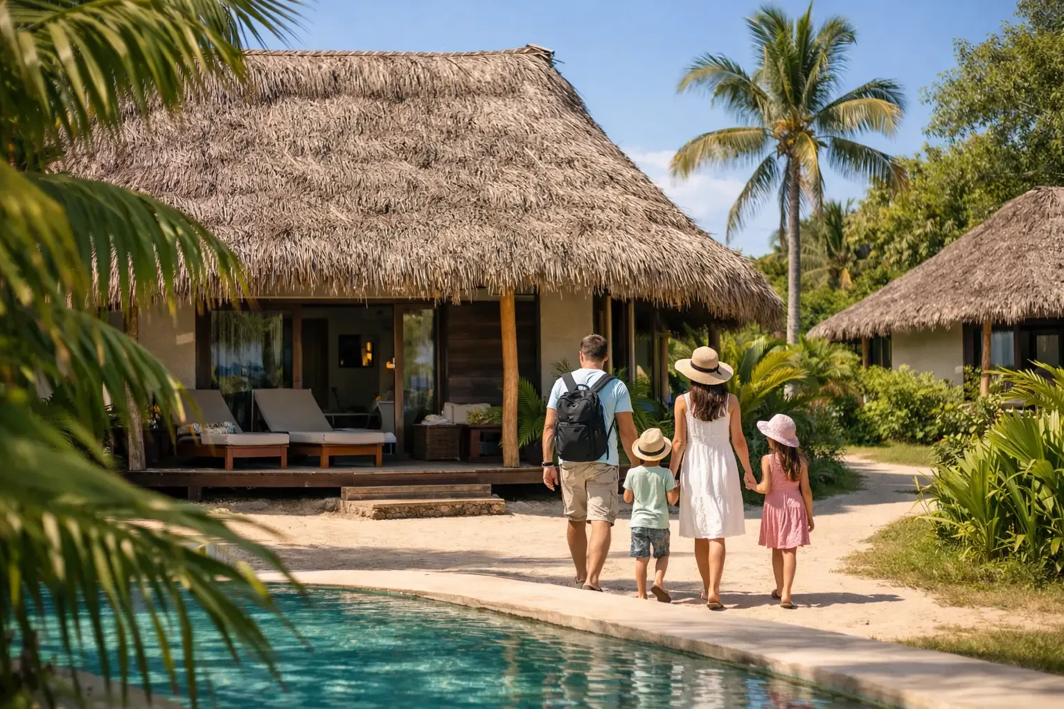 Famille marchant vers un bungalow traditionnel entouré de palmiers à Nosy Be