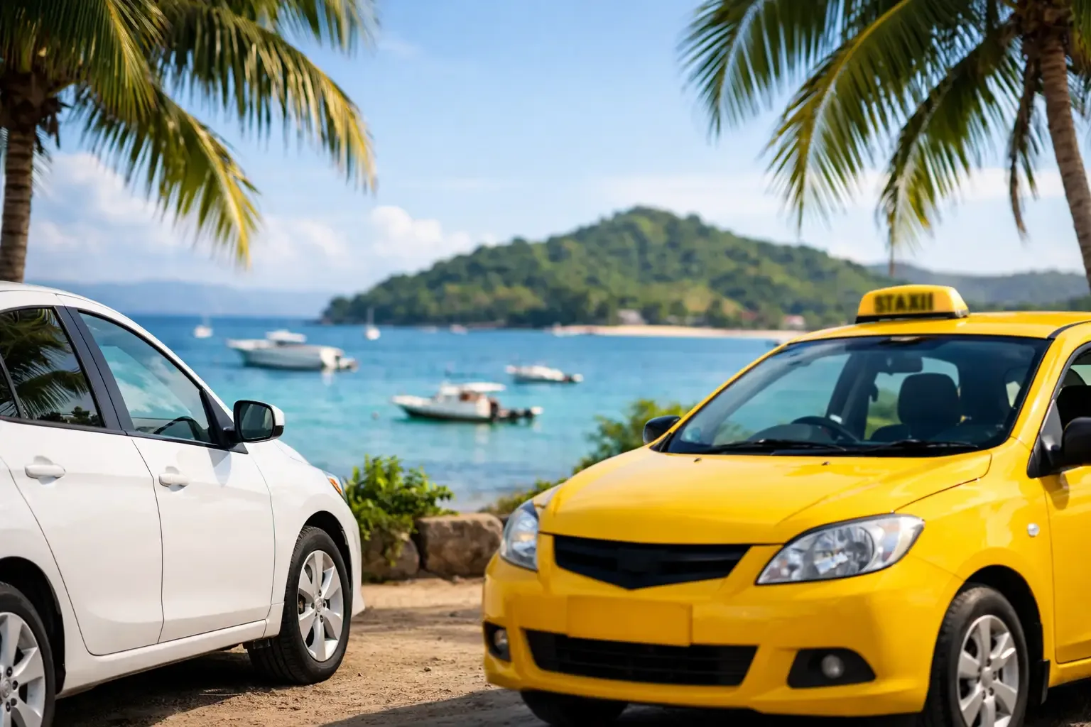 Une voiture de location blanche et un taxi jaune garés devant une plage de Nosy Be bordée de cocotiers